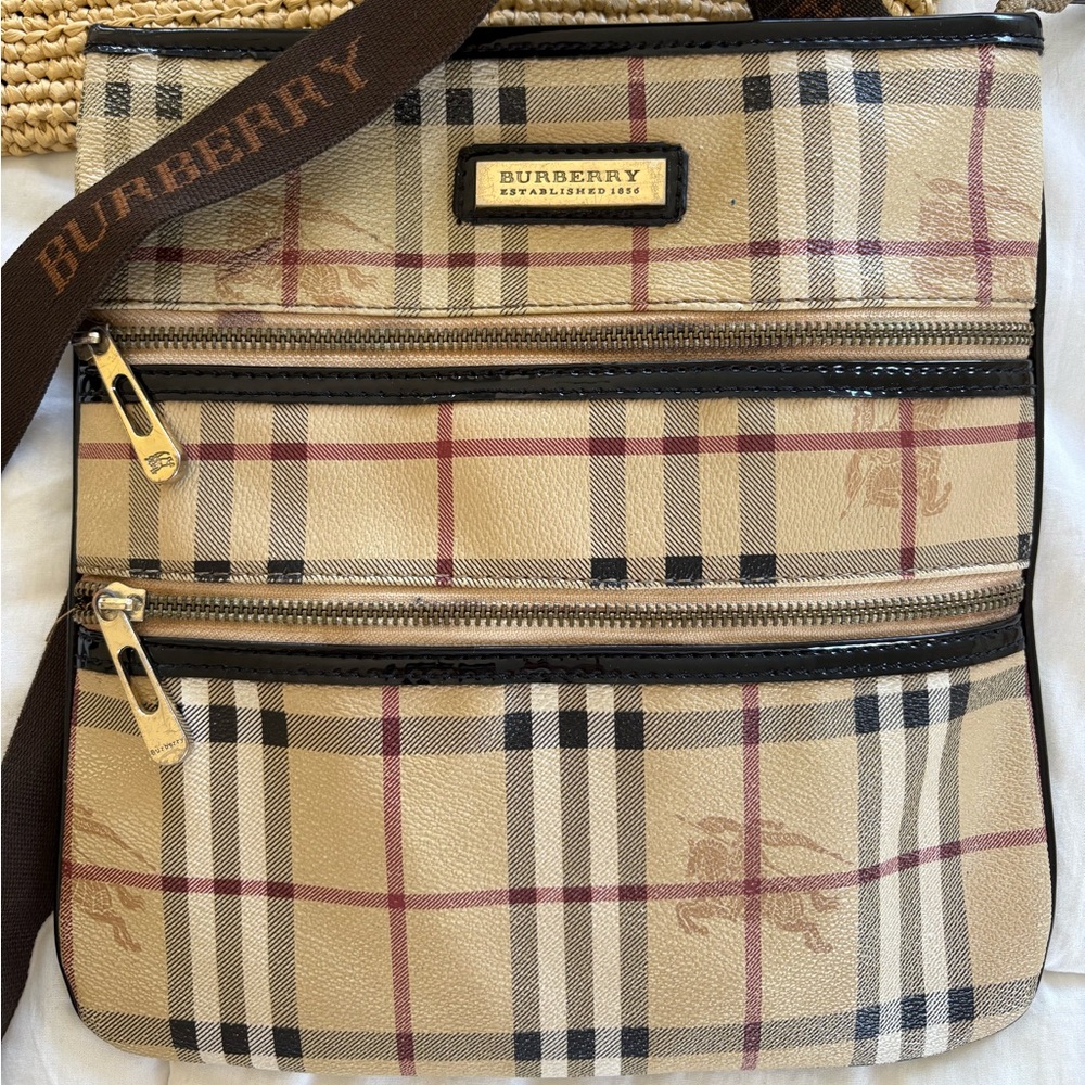 Burberry Beige Plaid Crossbody Shoulder Bag with Brown Strap